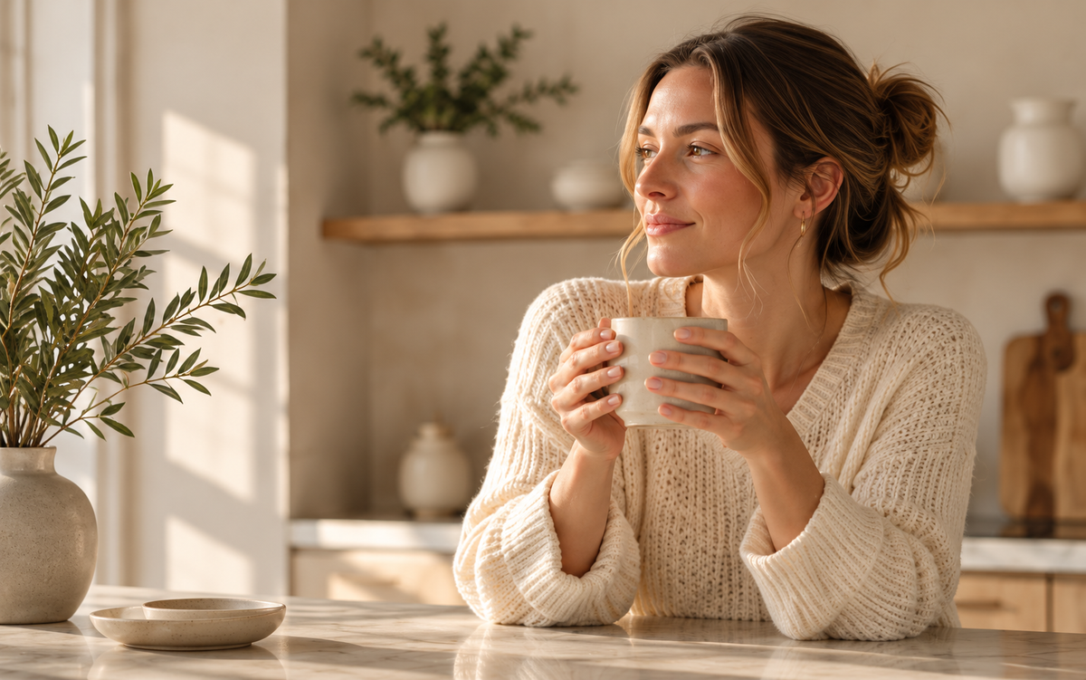 A quiet morning moment with a warm drink indoors