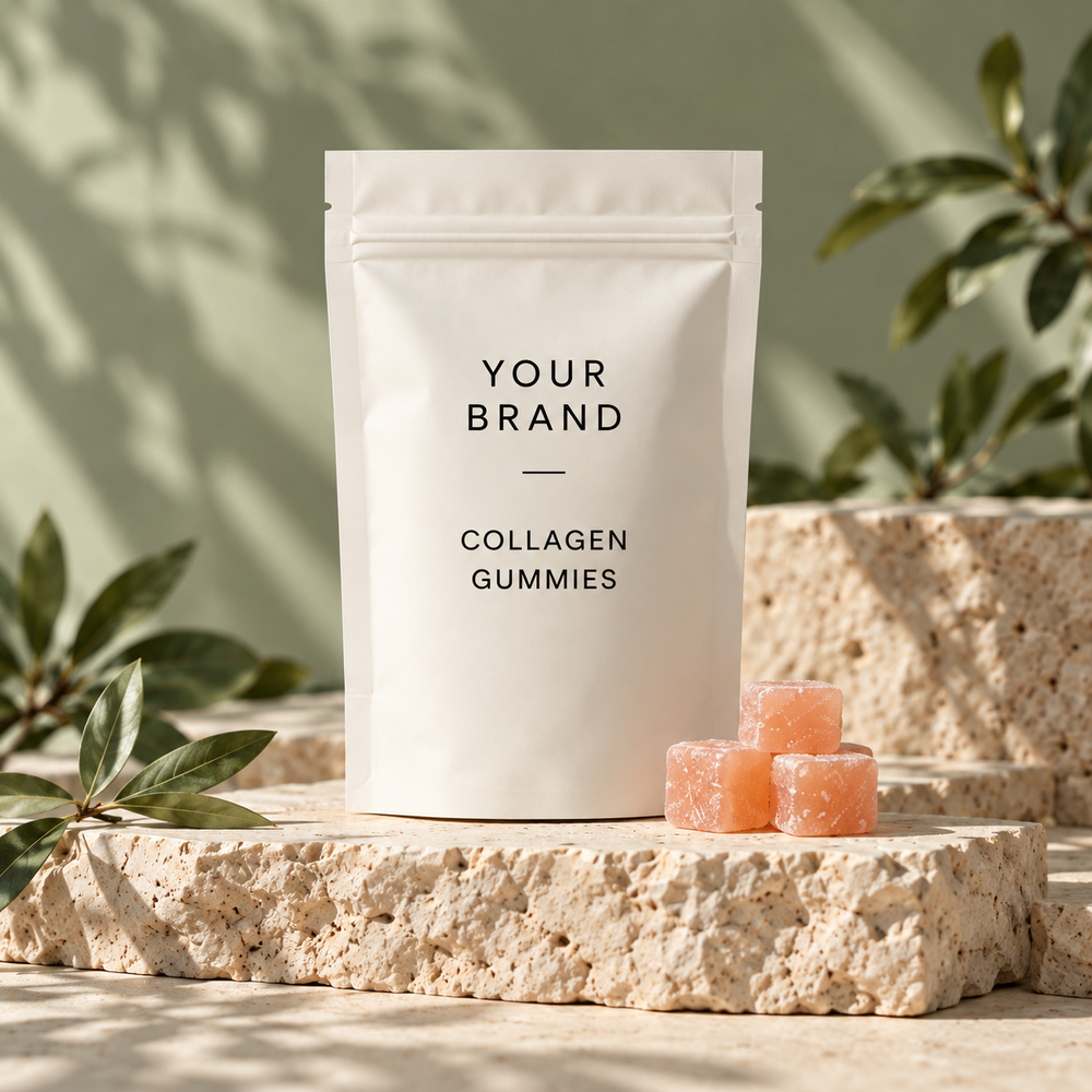 Collagen gummies in a resealable white-label packet with peach gummies
