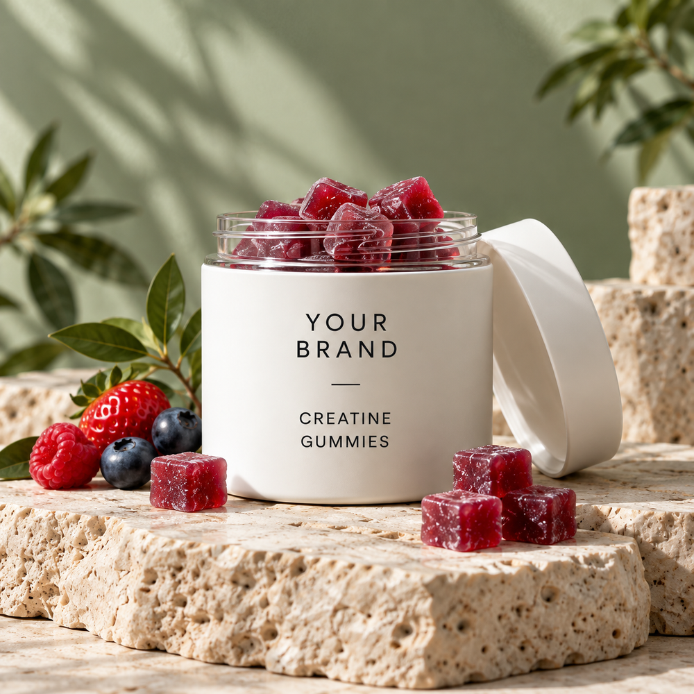 Creatine gummies in a white-label jar with red gummies and berries