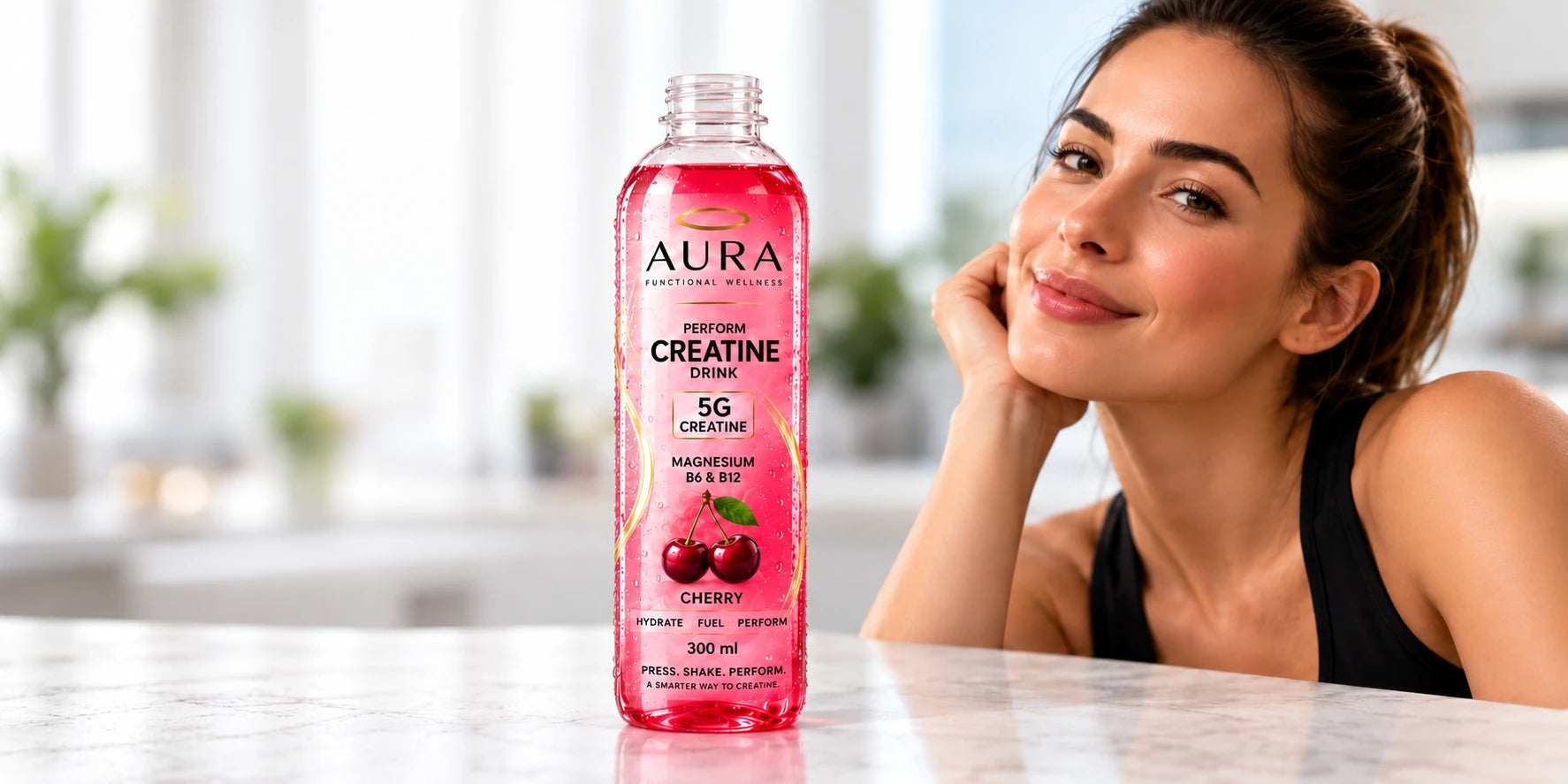 An upright open AURA bottle with mixed cherry-red liquid beside a woman