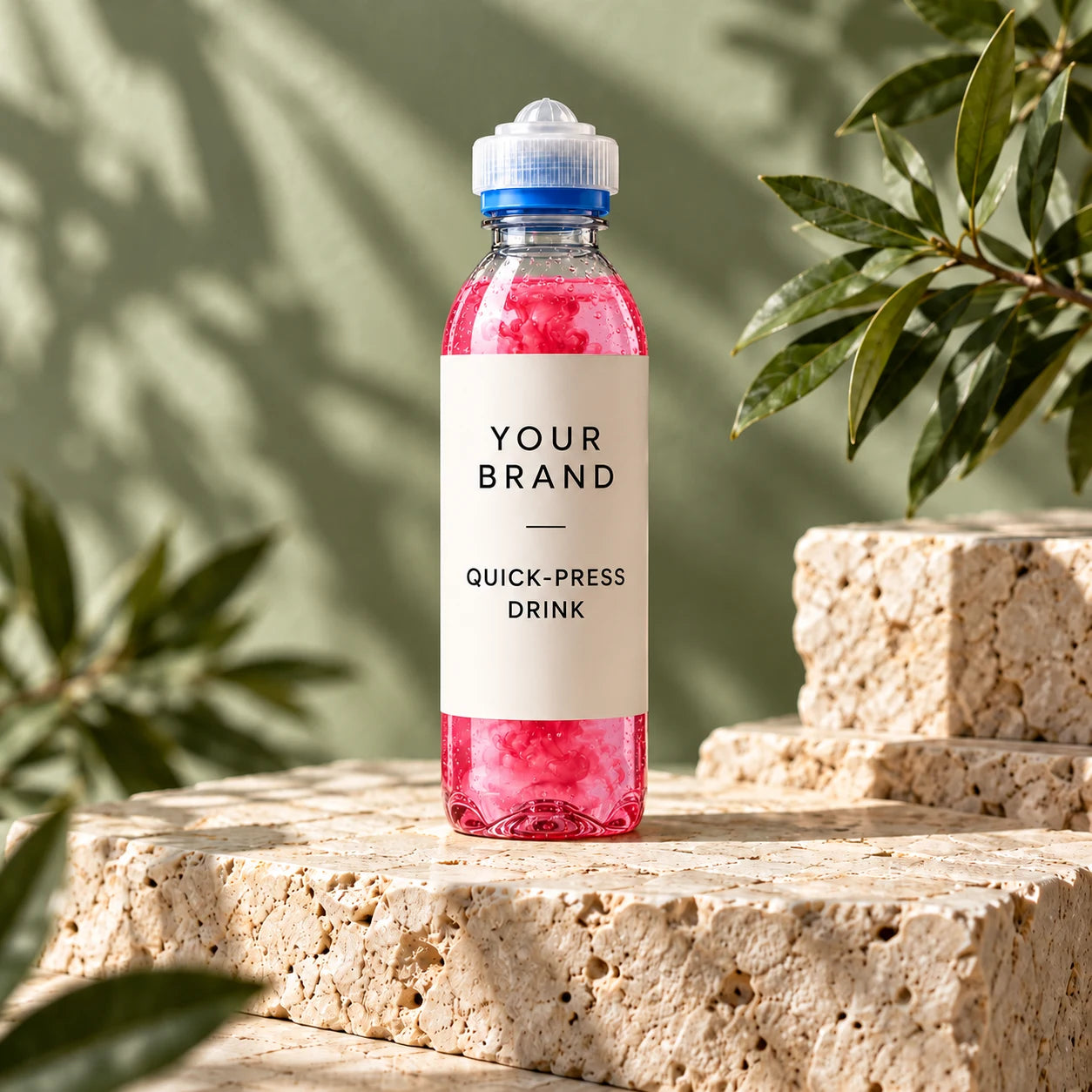 A white-label quick-press bottle concept with a white cap, blue ring and cherry-pink drink