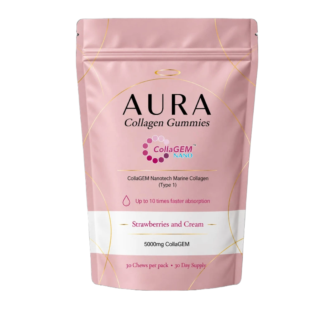 AURA Collagen Gummies pink pouch