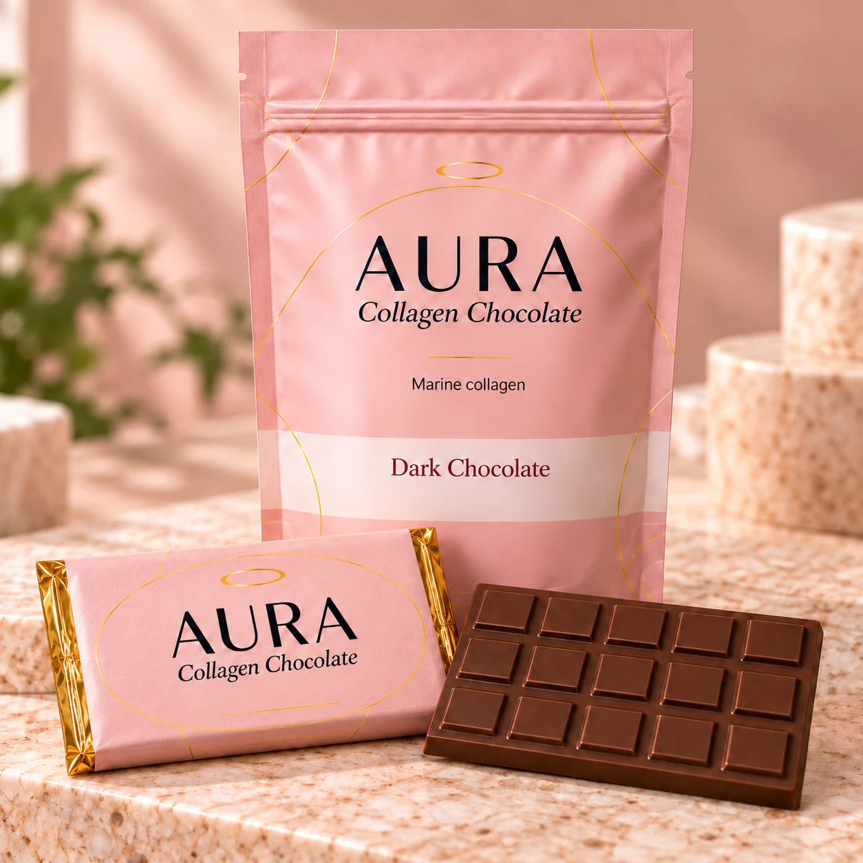 AURA chocolate with a broad pink and gold wrapper and pink outer pouch