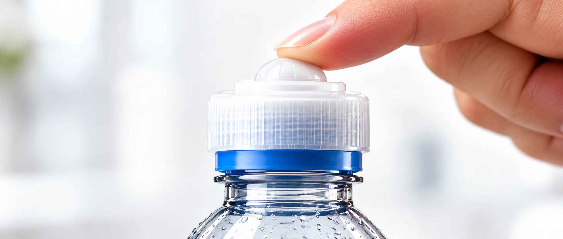 A hand pressing the quick-press bottle cap