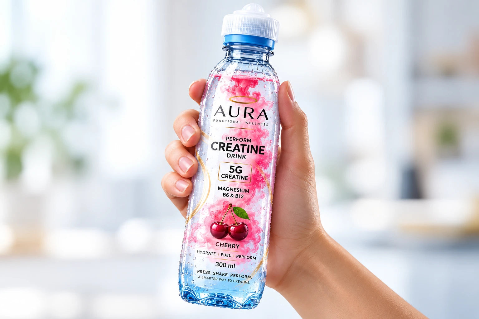 A hand shaking the quick-press bottle