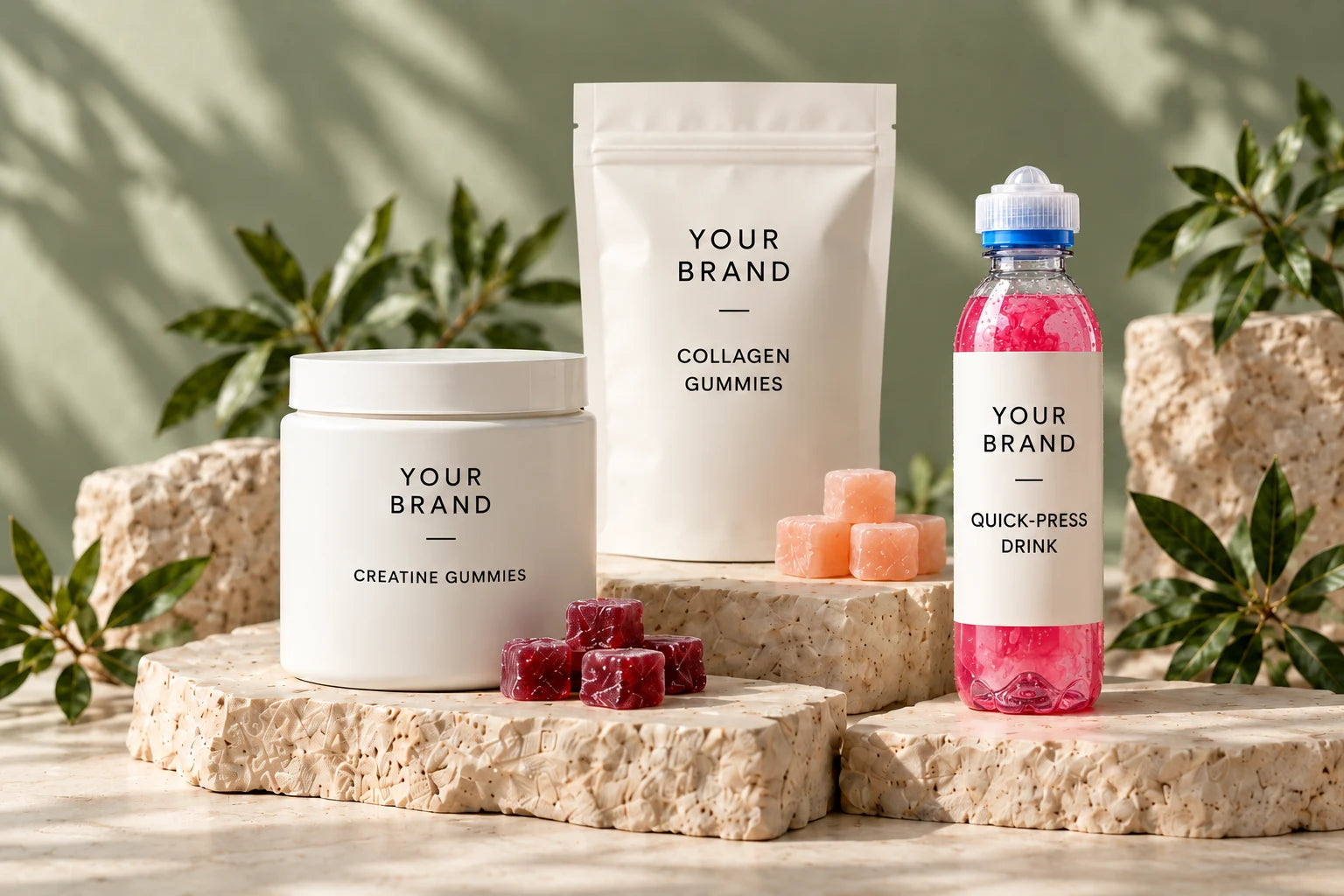 Your-brand creatine gummy jar, collagen gummy packet and quick-press drink bottle concept on limestone plinths